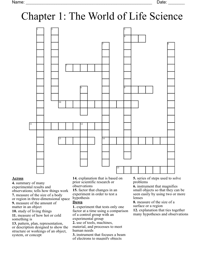 Chapter 1: The World of Life Science Crossword