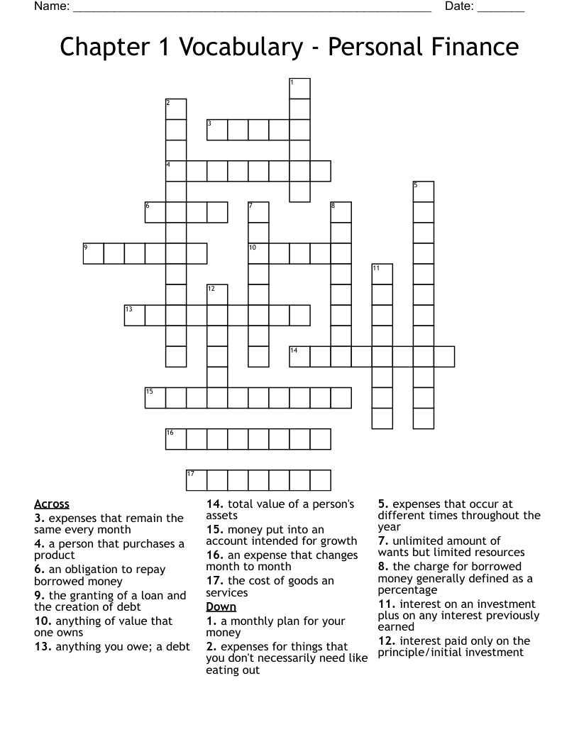 Chapter 1 Vocabulary - Personal Finance Crossword