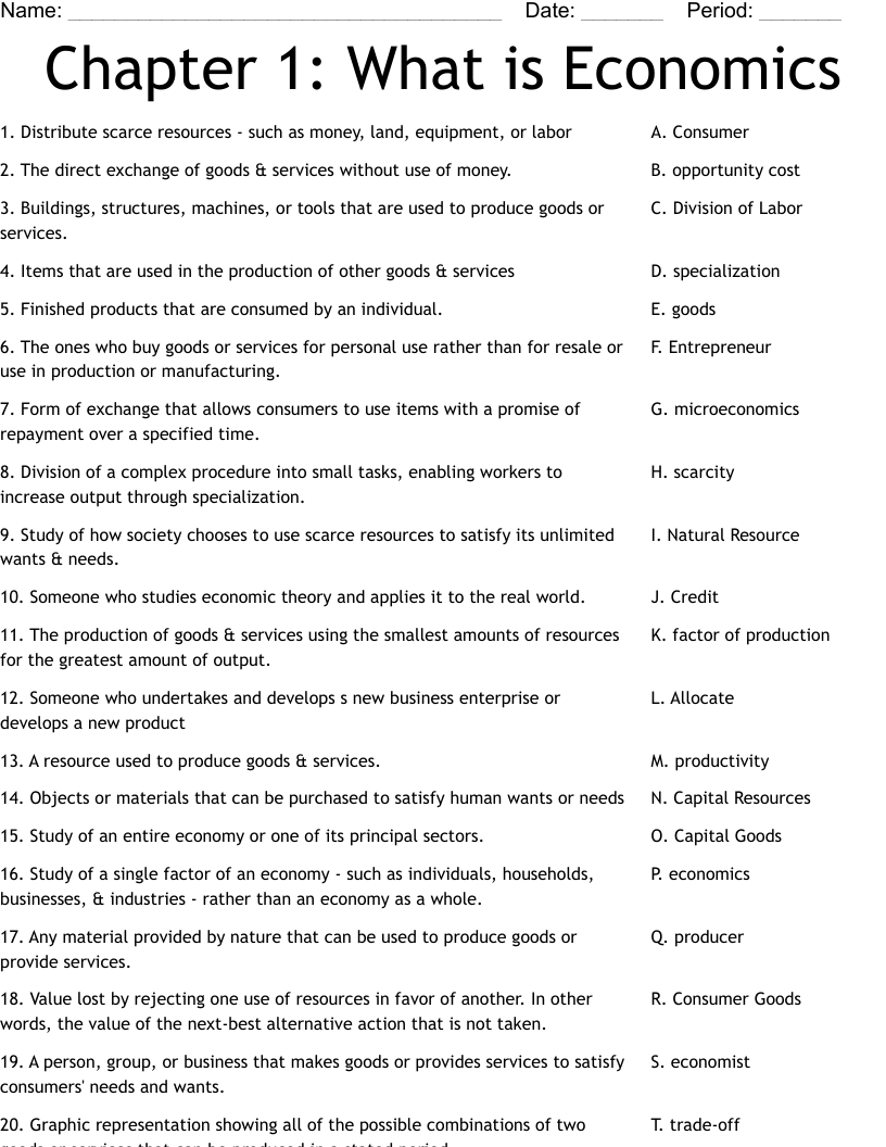Chapter 1: What is Economics Worksheet
