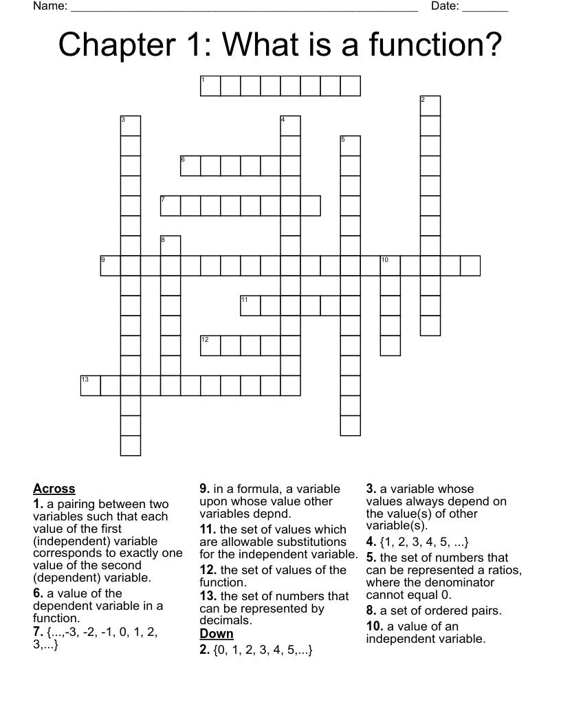 Chapter 1: What is a function? Crossword
