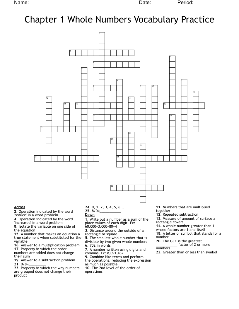 Chapter 1 Whole Numbers Vocabulary Practice Crossword
