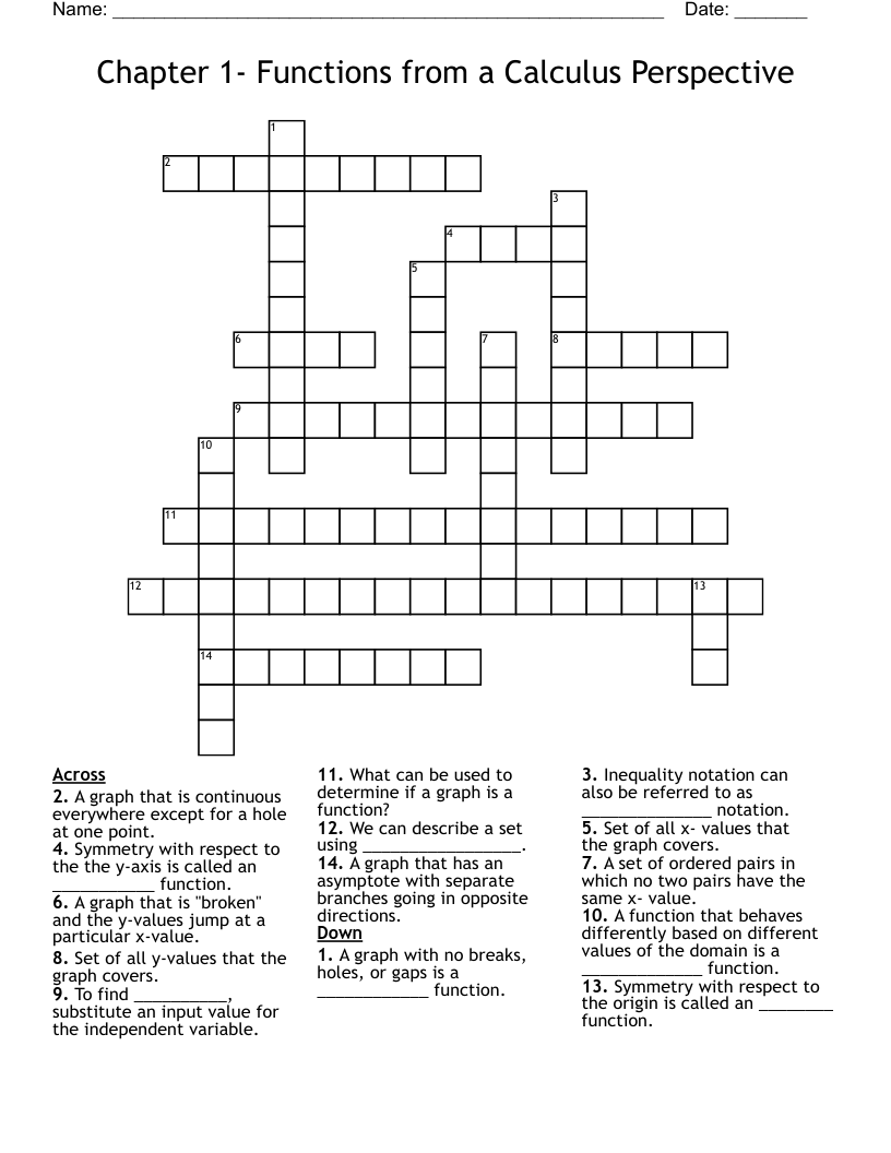 Chapter 1-  Functions from a Calculus Perspective Crossword