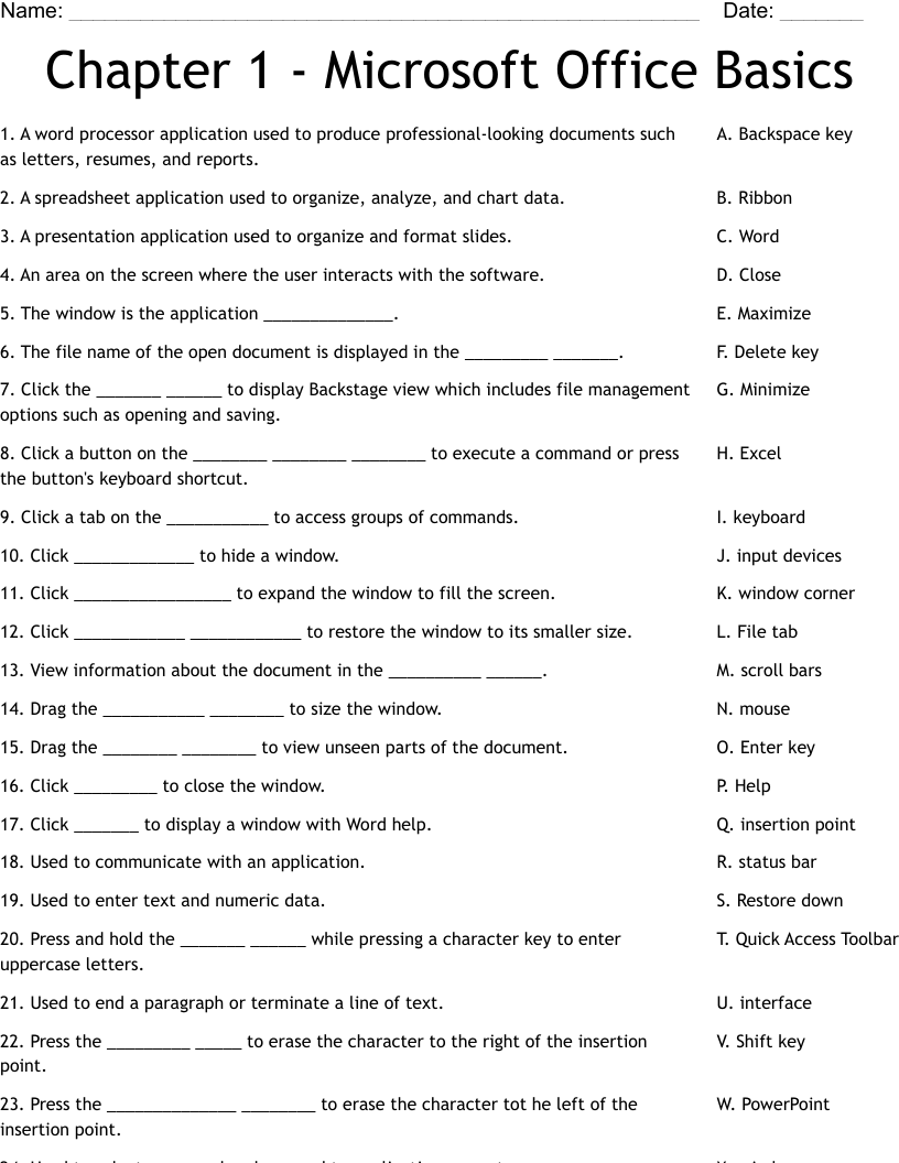Chapter 1 - Microsoft Office Basics Worksheet
