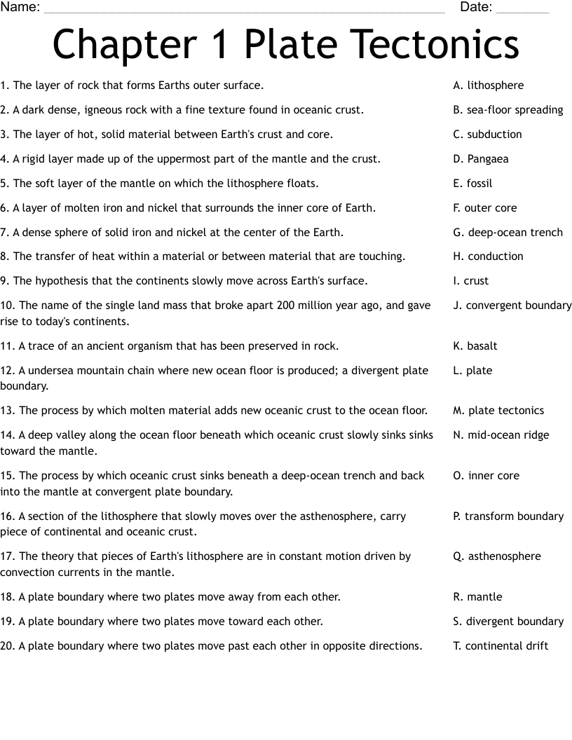 Chapter 1  Plate Tectonics Worksheet