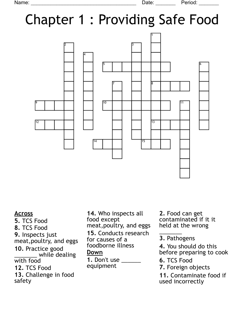 Chapter 1 : Providing Safe Food Crossword