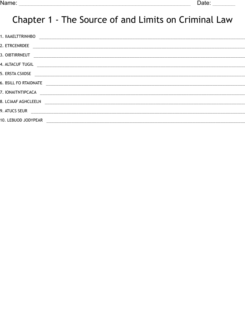 Chapter 1 - The Source of and Limits on Criminal Law Word Scramble