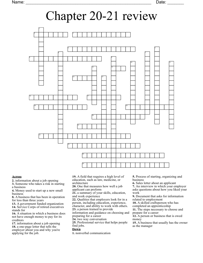 Chapter 20-21 review Crossword