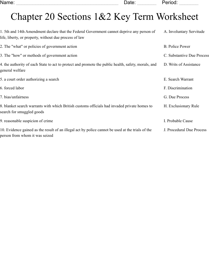 Chapter 20 Sections 1&2 Key Term Worksheet