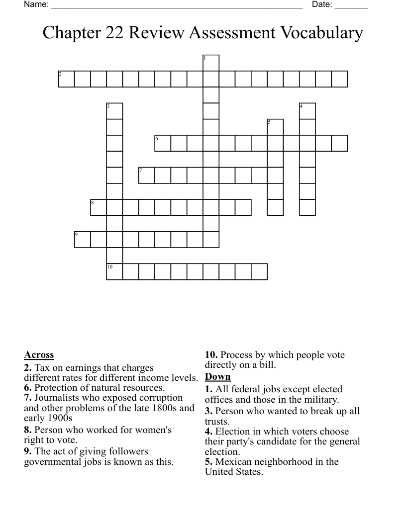 Chapter 22 Review Assessment Vocabulary Crossword