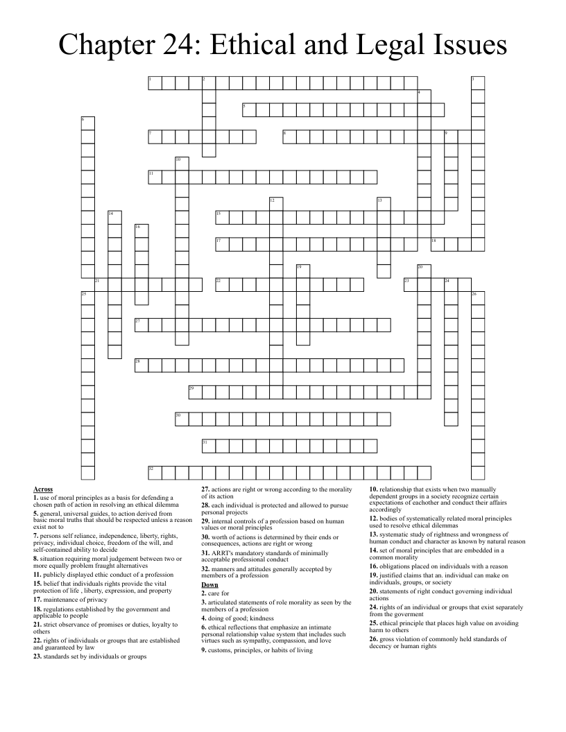 Chapter 24: Ethical and Legal Issues Crossword