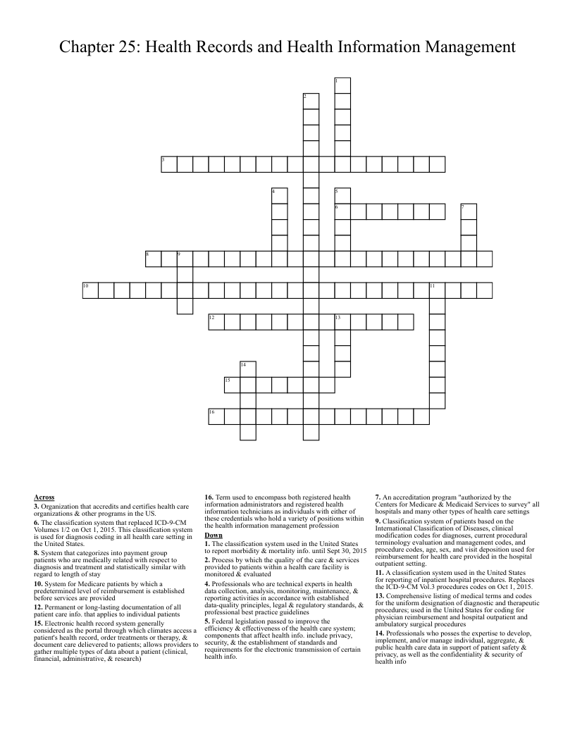 Chapter 25: Health Records and Health Information Management Crossword