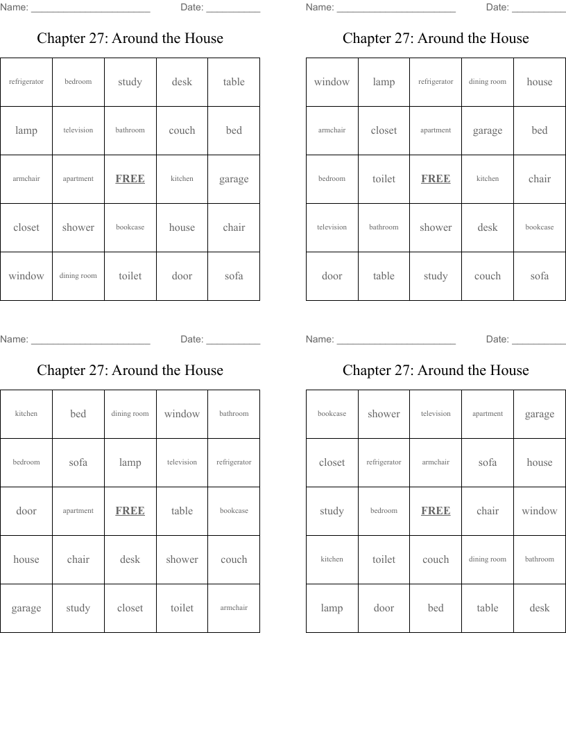 Chapter 27: Around the House Bingo Cards