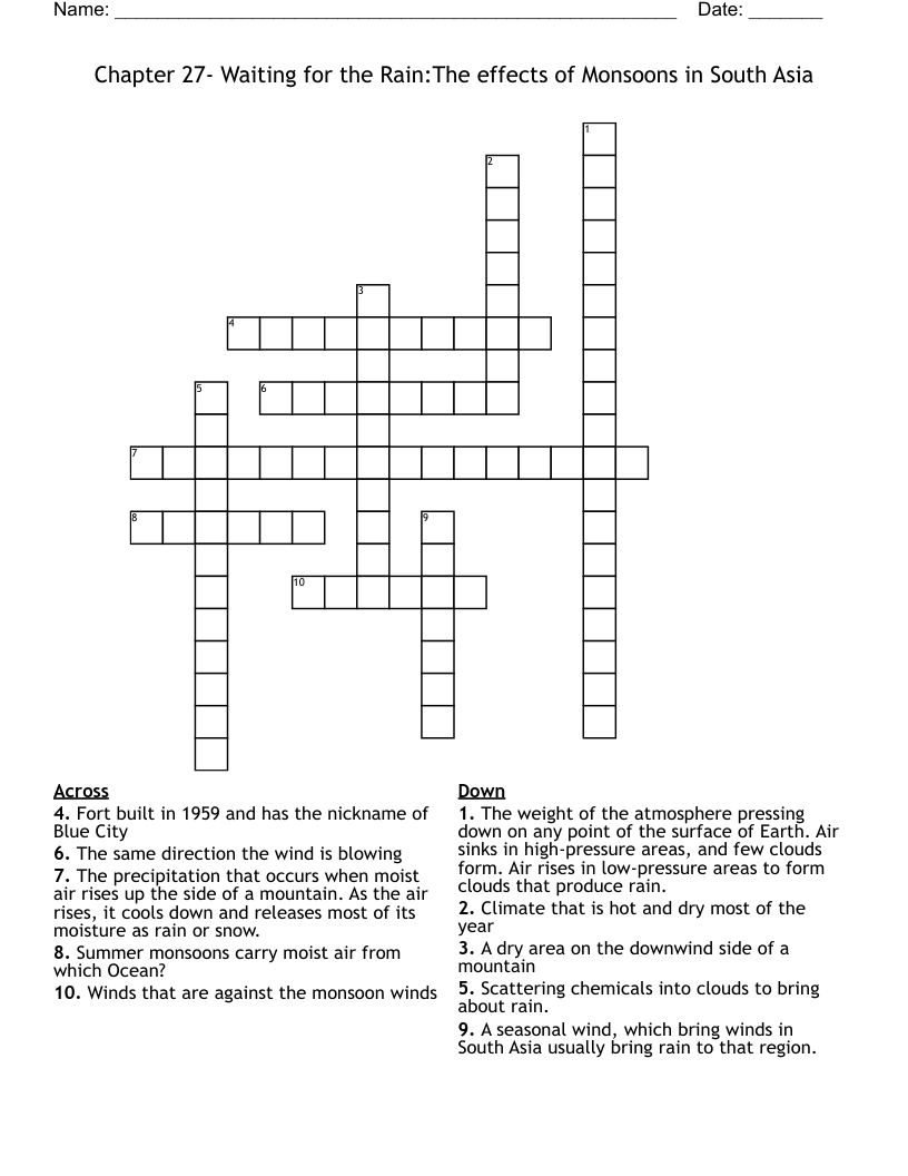 Chapter 27- Waiting for the Rain:The effects of Monsoons in South Asia Crossword
