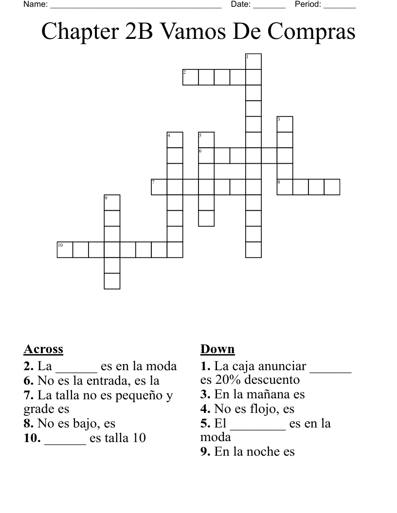 Chapter 2B Vamos De Compras Crossword
