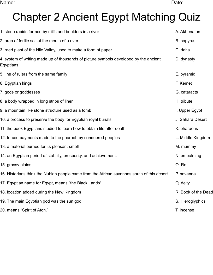 Chapter 2 Ancient Egypt Matching Quiz  Worksheet