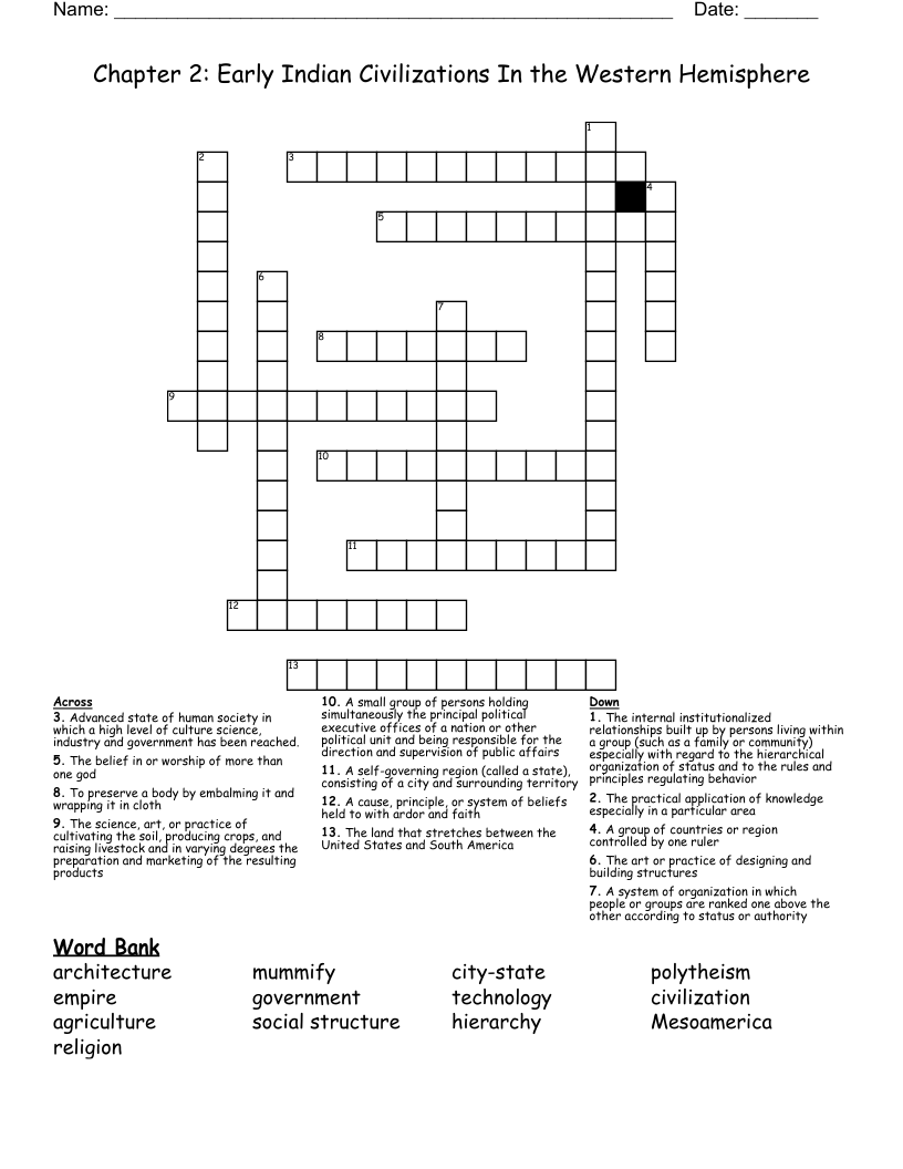 Chapter 2: Early Indian Civilizations In the Western Hemisphere Crossword