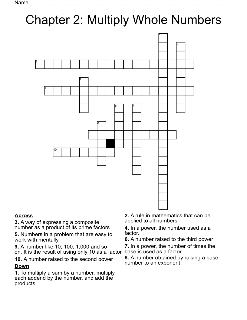 Chapter 2: Multiply Whole Numbers Crossword