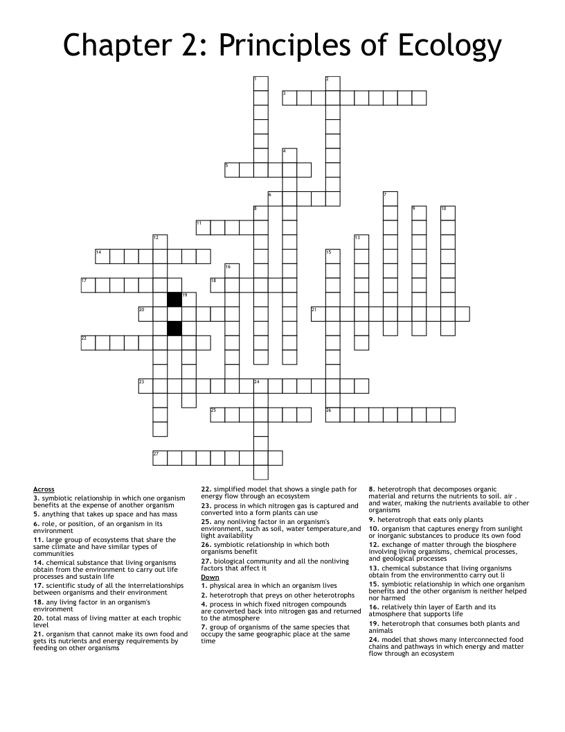 Chapter 2: Principles of  Ecology Crossword
