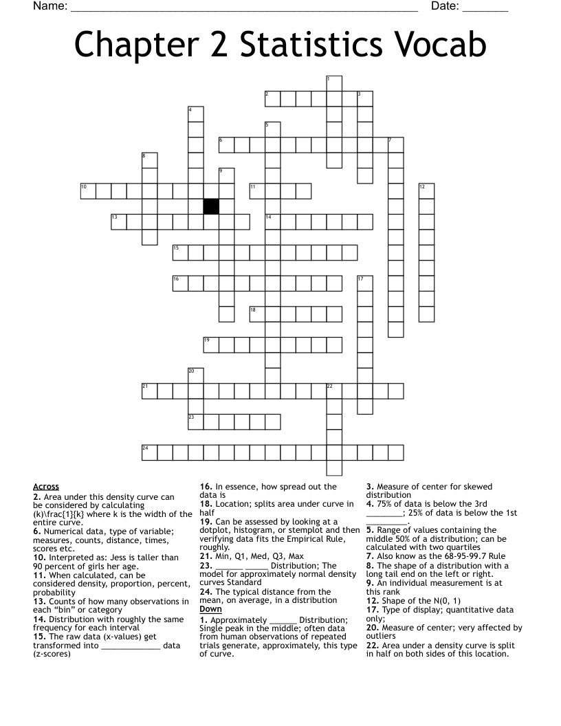 Chapter 2 Statistics Vocab Crossword