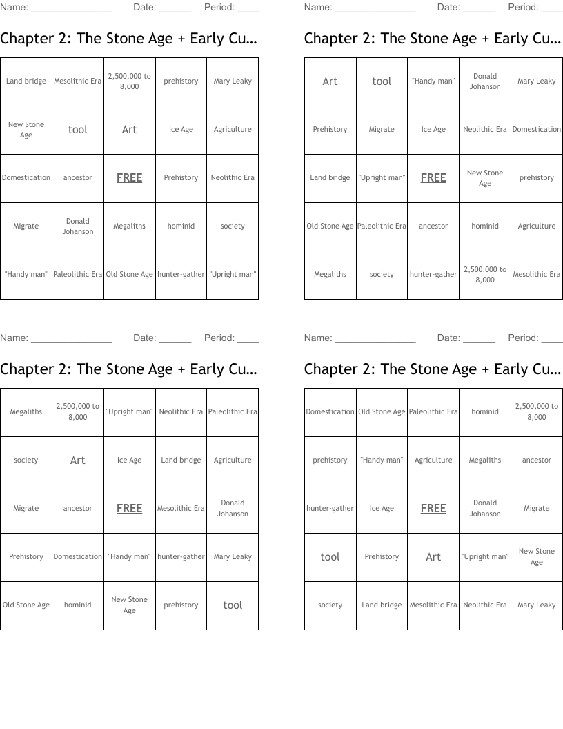 Chapter 2: The Stone Age + Early Cultures Bingo Cards