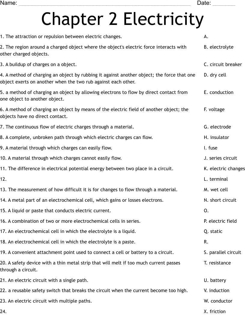 Chapter 2    Electricity   Worksheet