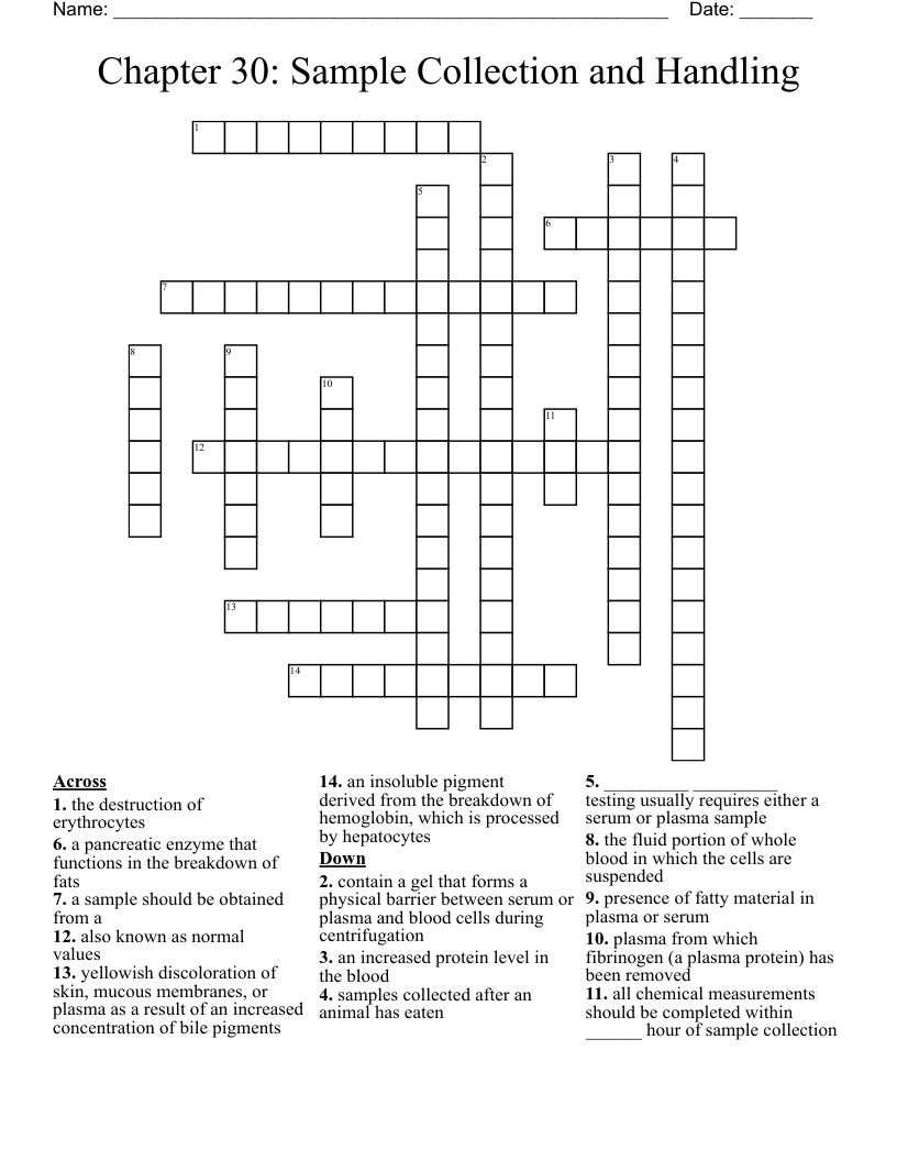 Chapter 30: Sample Collection and Handling  Crossword