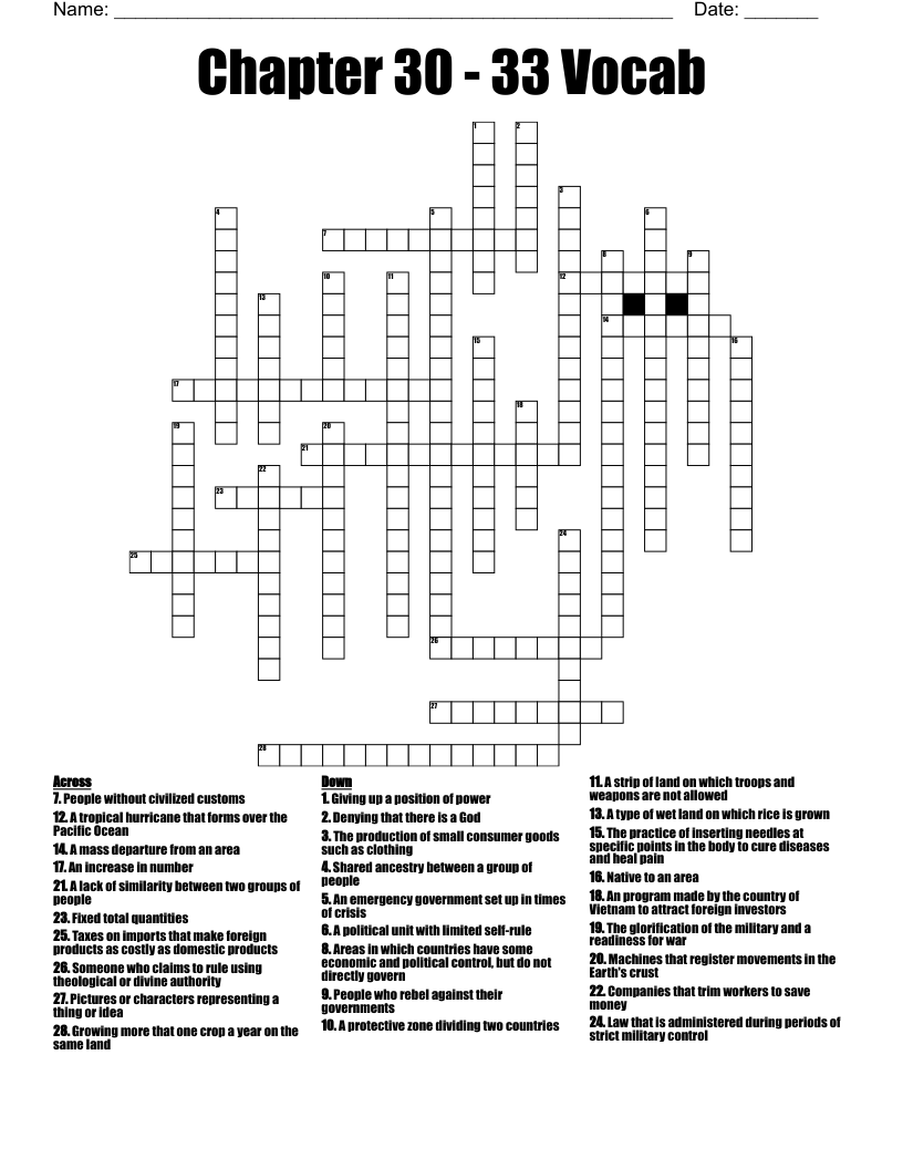 Chapter 30 - 33 Vocab Crossword