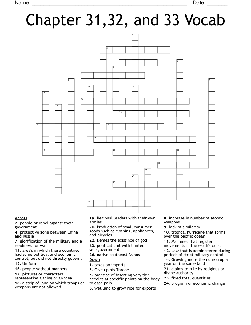Chapter 31,32, and 33 Vocab Crossword