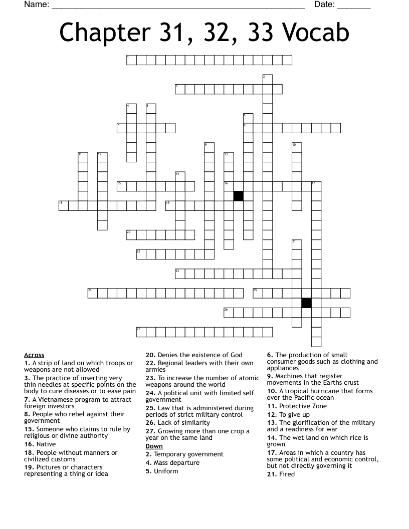 Chapter 31, 32, 33 Vocab Crossword