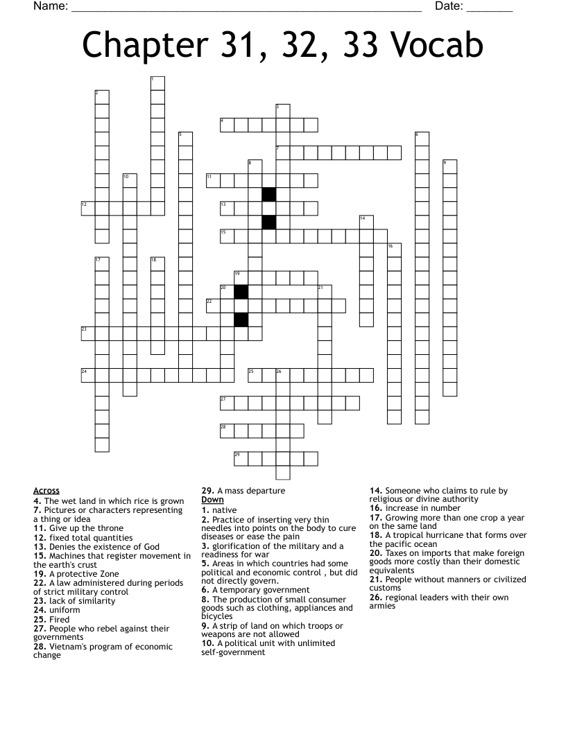 Chapter 31, 32, 33 Vocab Crossword