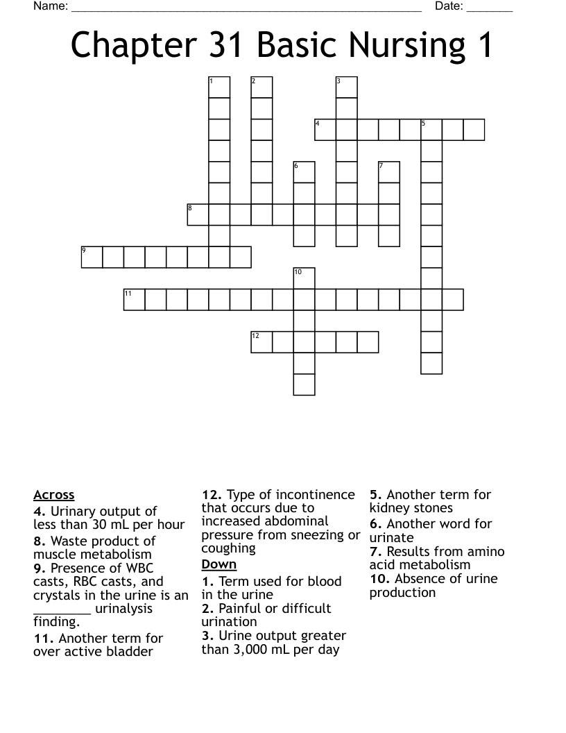 Chapter 31 Basic Nursing 1 Crossword