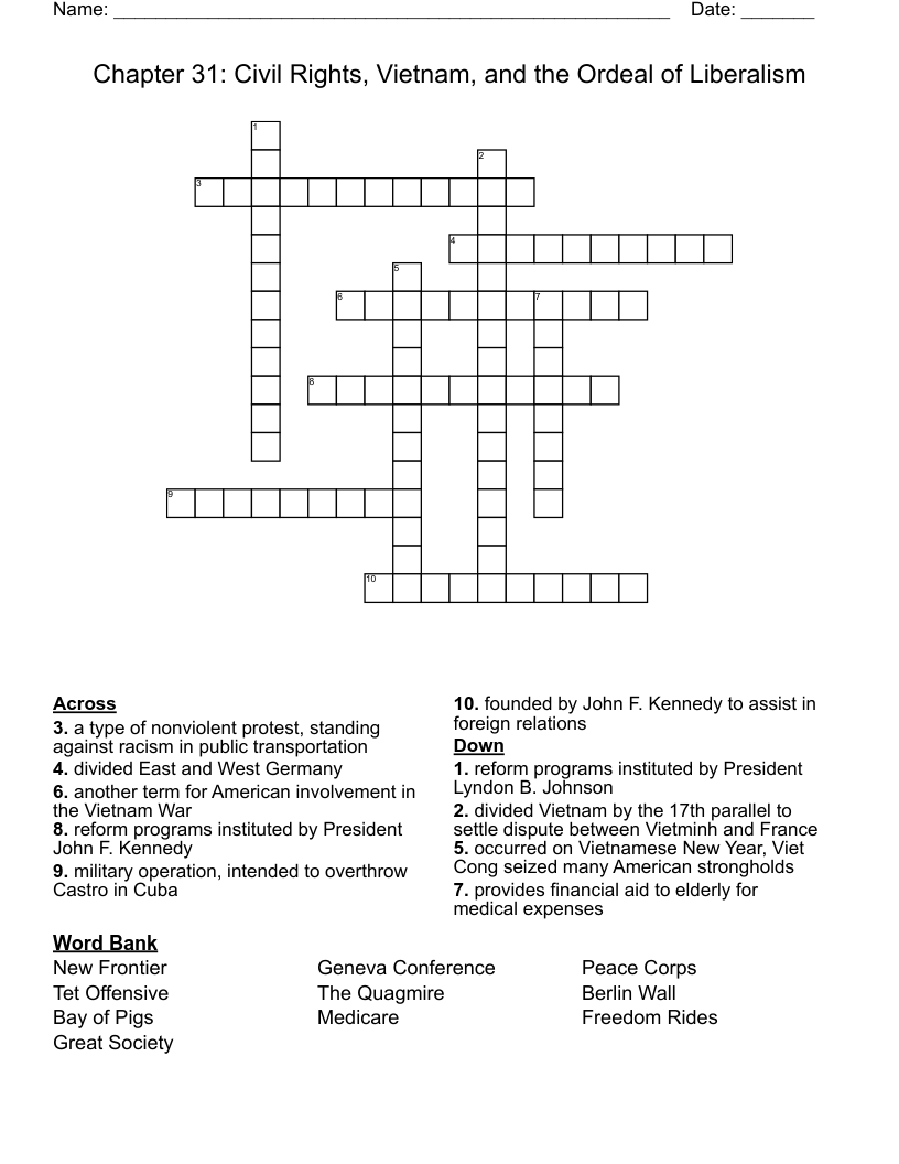 Chapter 31: Civil Rights, Vietnam, and the Ordeal of Liberalism Crossword