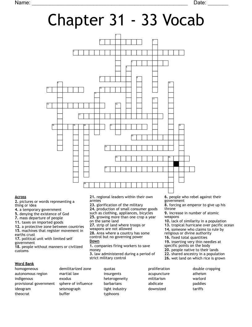 Chapter 31 - 33 Vocab Crossword