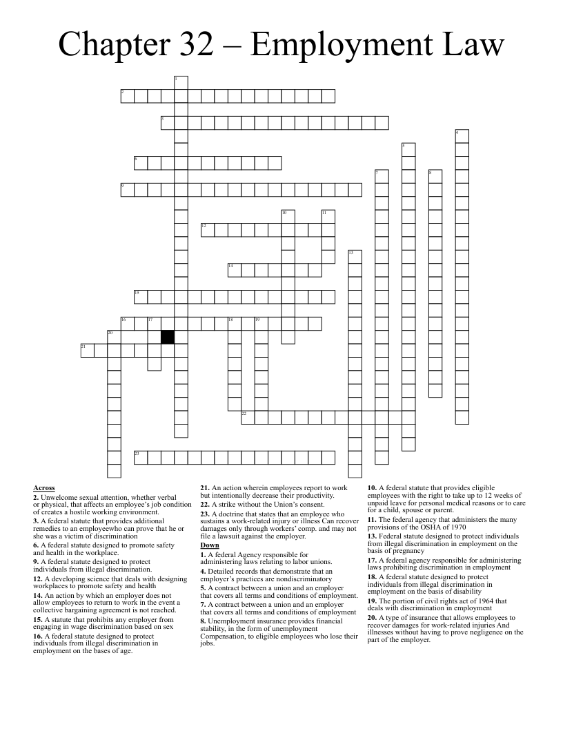 Chapter 32 – Employment Law Crossword