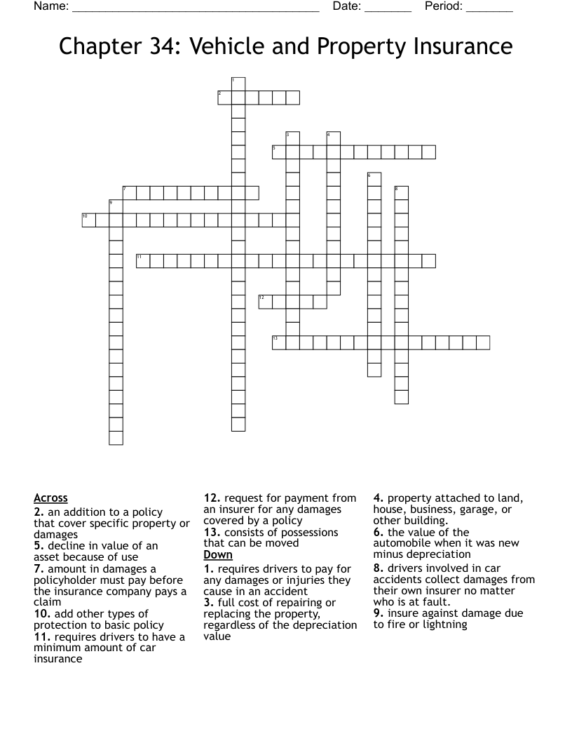Chapter 34: Vehicle and Property Insurance Crossword