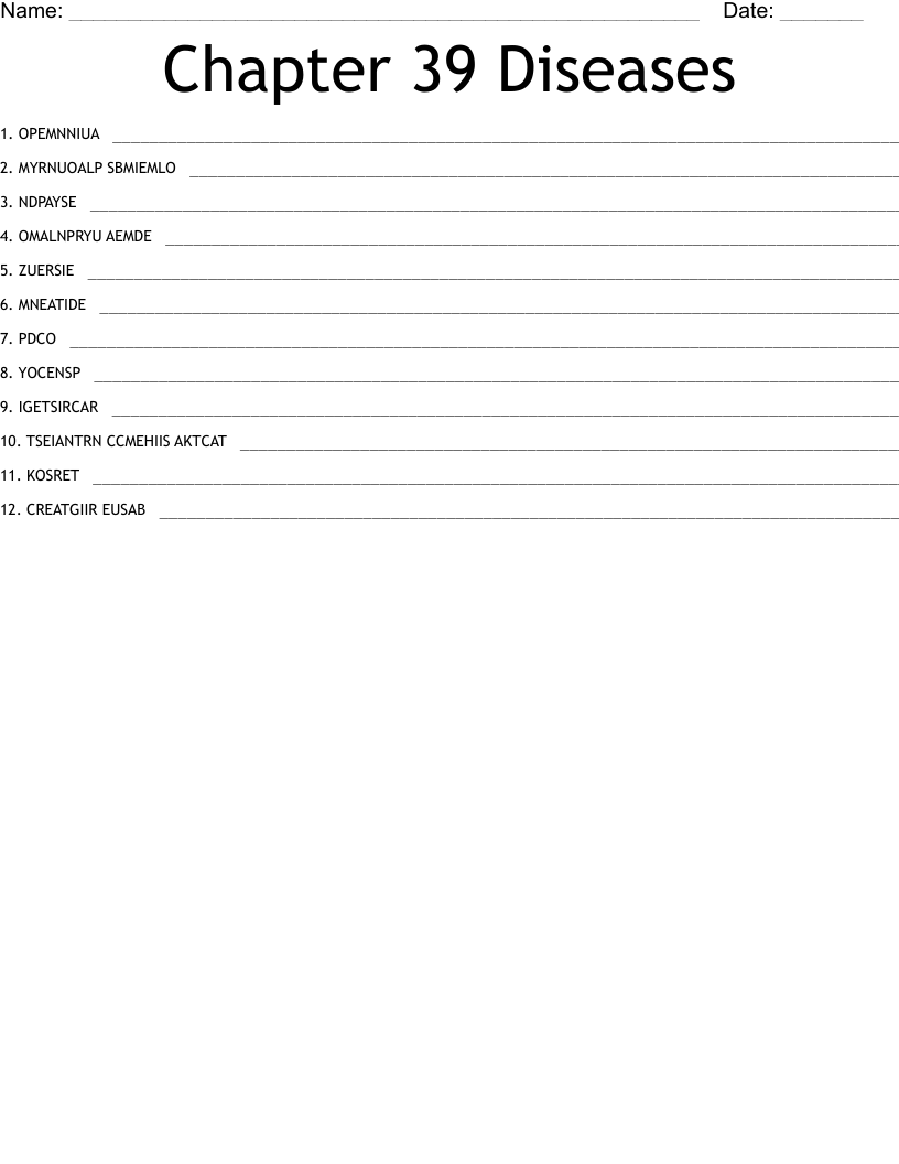 Chapter 39 Diseases  Word Scramble