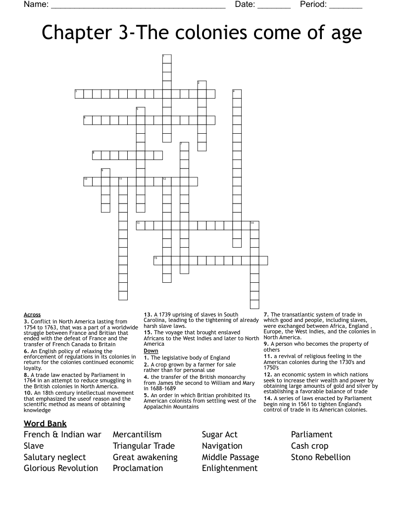 Chapter 3-The colonies come of age Crossword