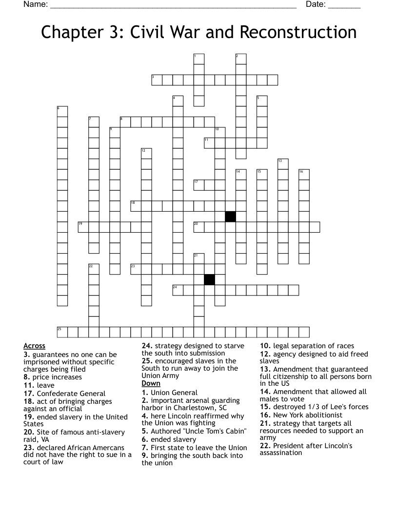 Chapter 3: Civil War and Reconstruction Crossword