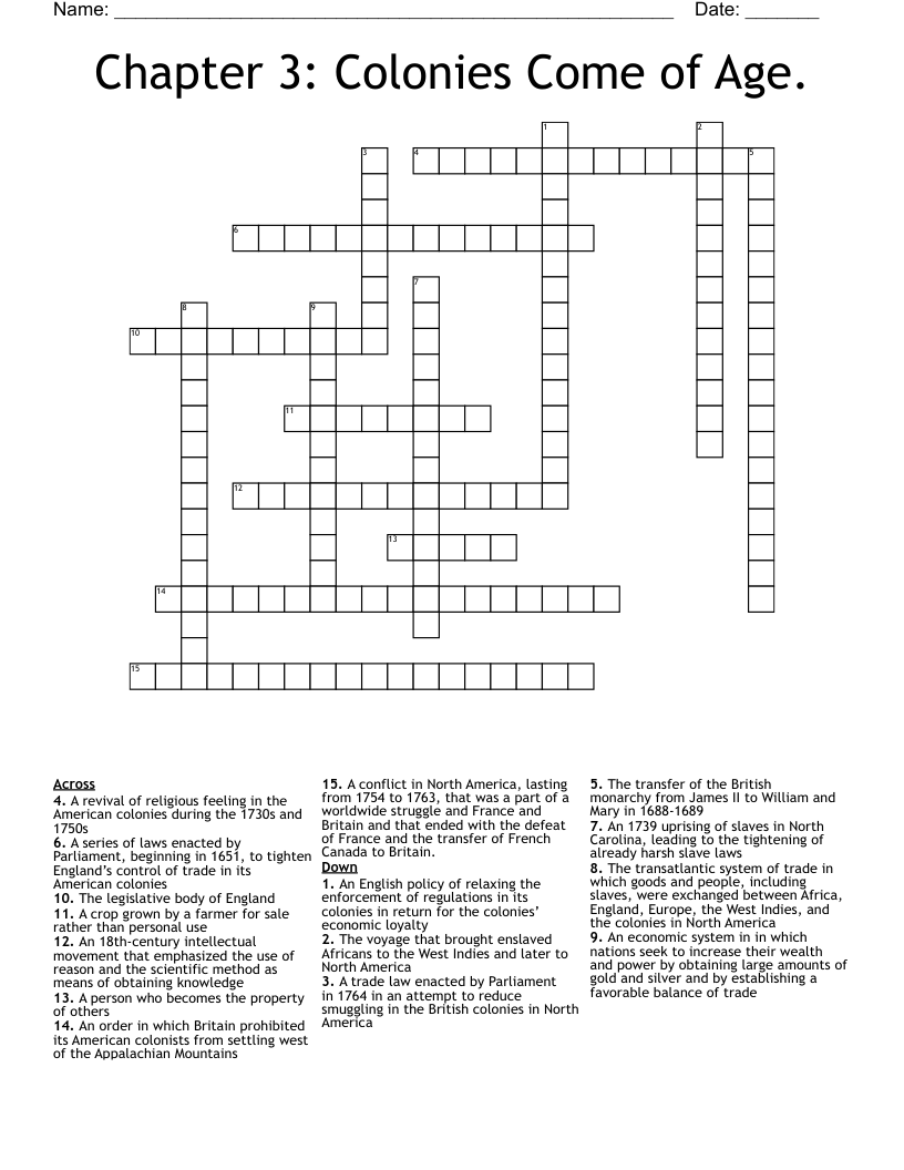 Chapter 3: Colonies Come of Age. Crossword