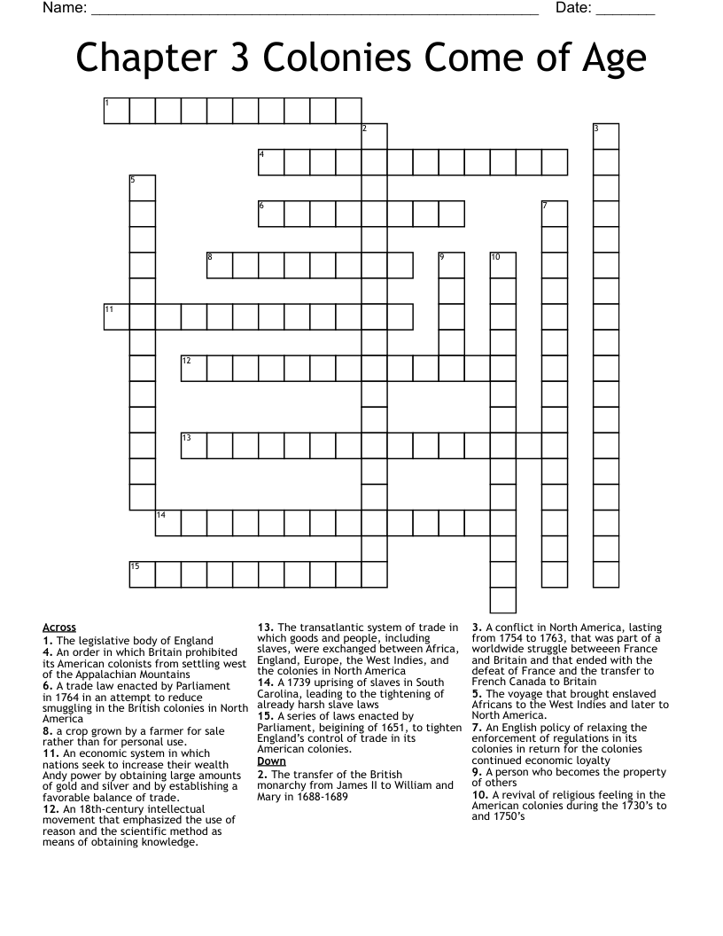 Chapter 3 Colonies Come of Age Crossword