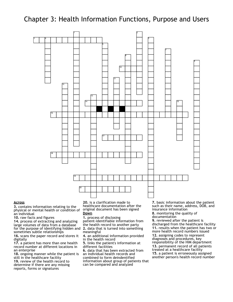 Chapter 3: Health Information Functions, Purpose and Users Crossword