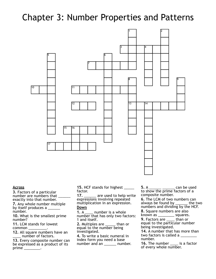 Chapter 3: Number Properties and Patterns Crossword