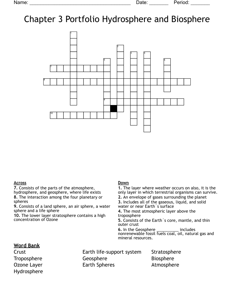 Chapter 3 Portfolio Hydrosphere and Biosphere Crossword
