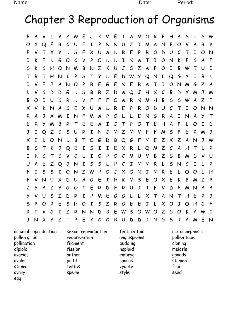 Chapter 3 Reproduction of Organisms Word Search