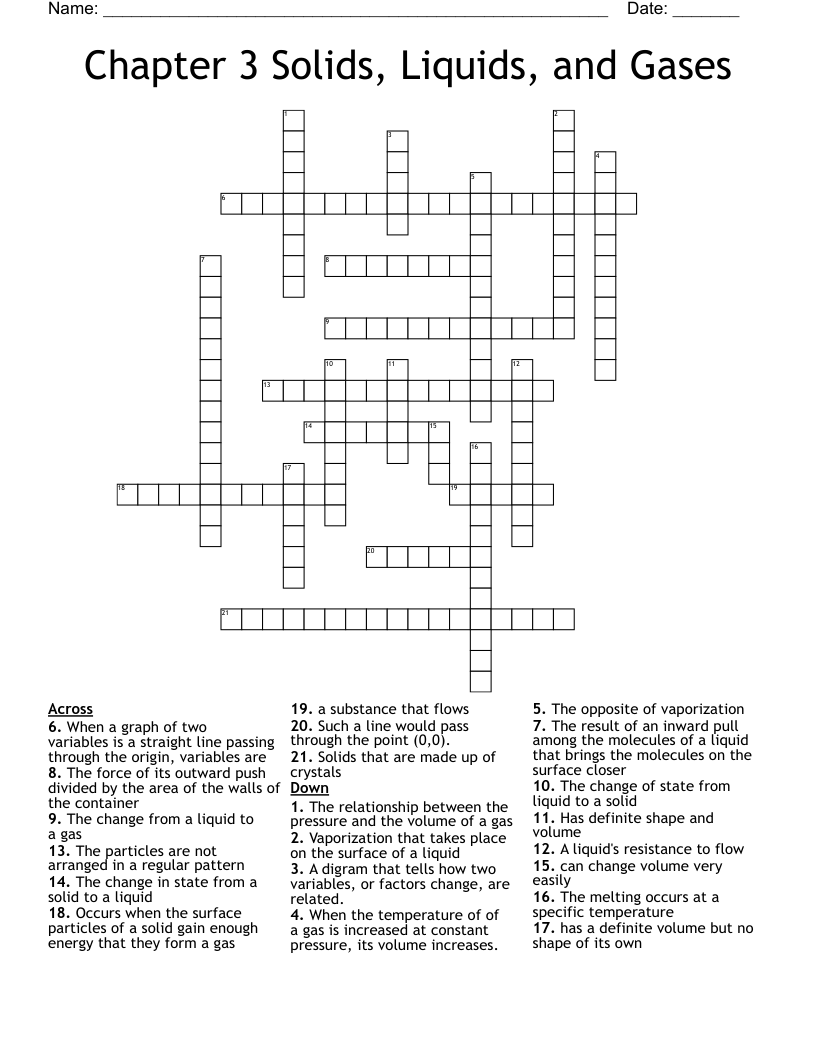 Chapter 3 Solids, Liquids, and Gases Crossword