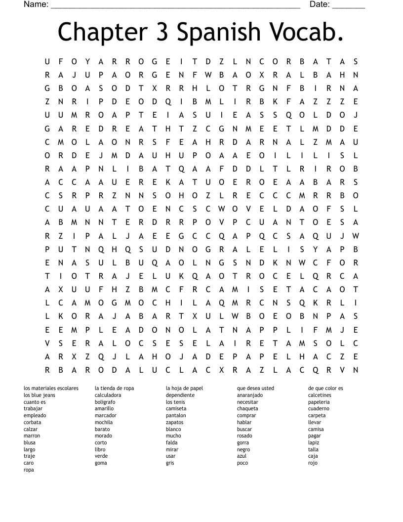 Chapter 3 Spanish Vocab. Word Search
