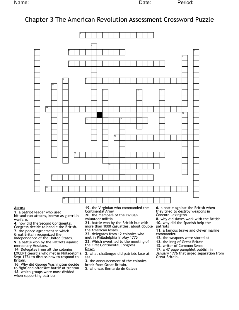 Chapter 3 The American Revolution Assessment Crossword Puzzle