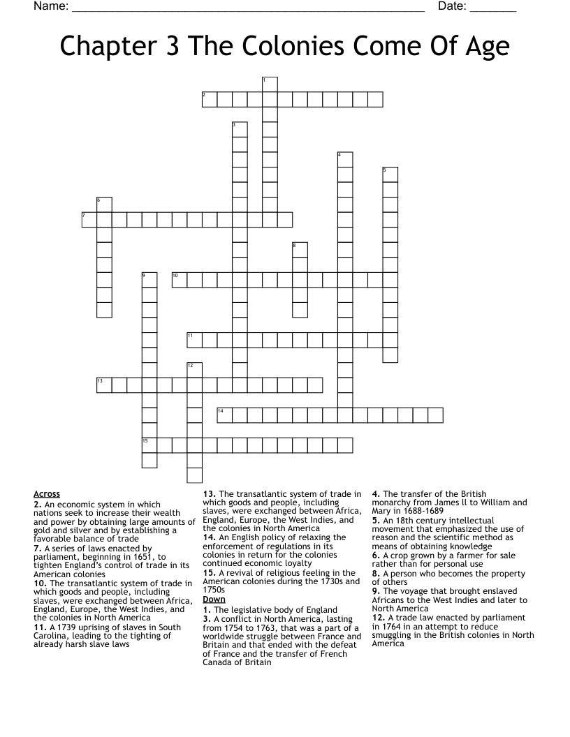 Chapter 3 The Colonies Come Of Age Crossword