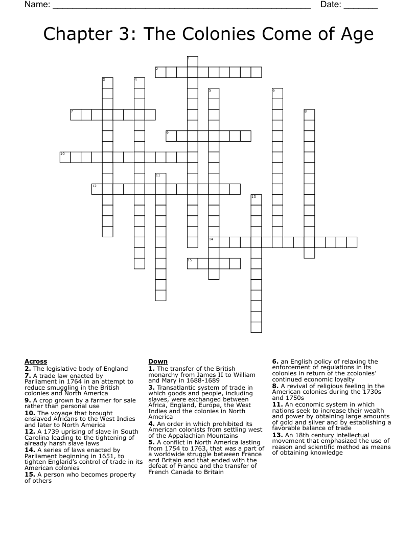 Chapter 3: The Colonies Come of Age Crossword