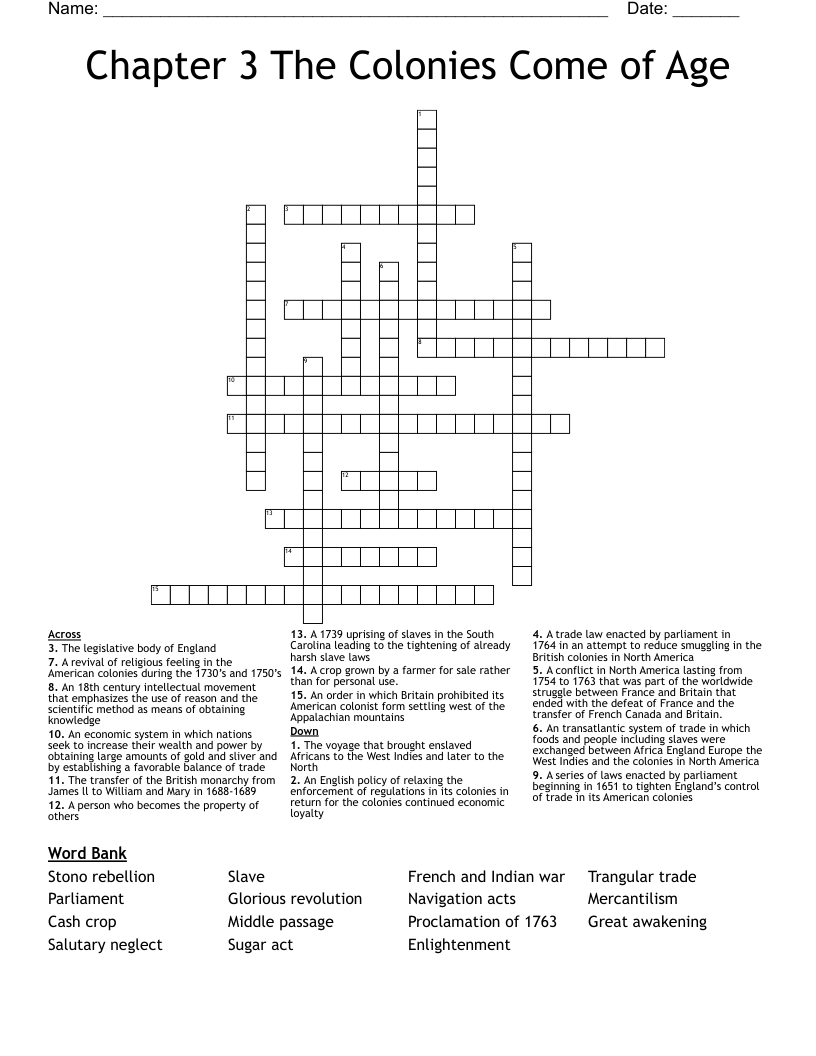 Chapter 3 The Colonies Come of Age Crossword